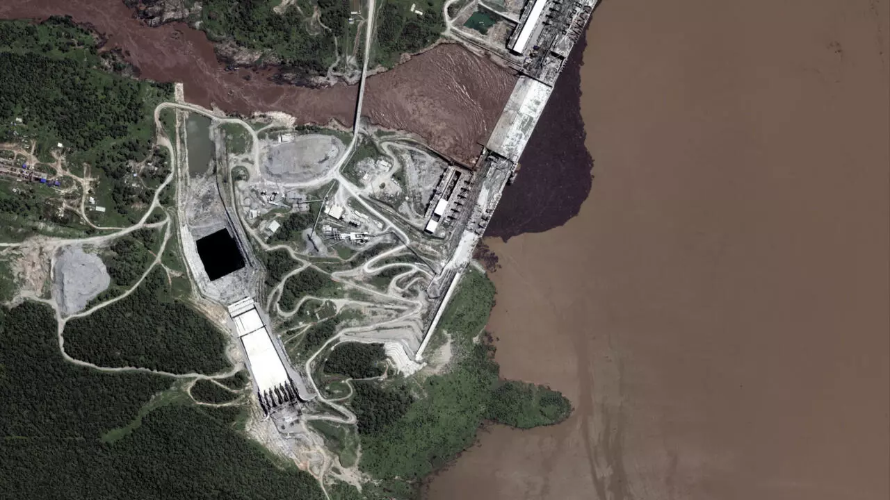A satellite image of the Grand Ethiopian Renaissance Dam, taken in July 2020.
